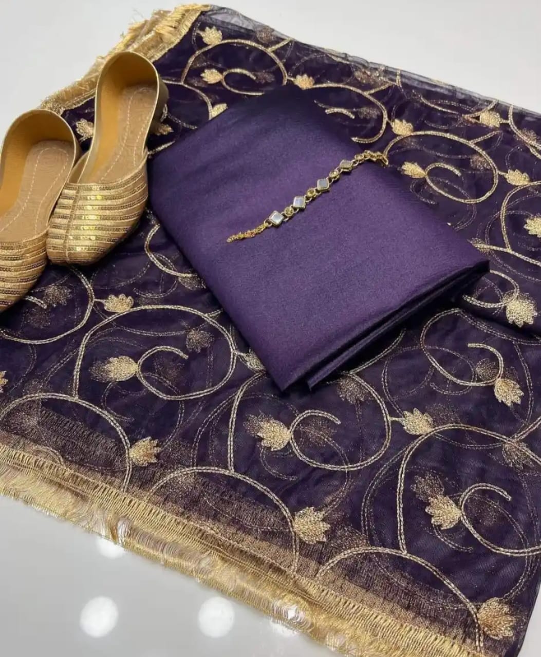 Silk 3pc suit Silk Shirt Sam silk trouser  With dupatta Gifted khussa ( purple )