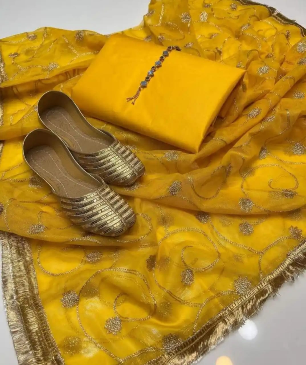 Silk 3pc suit Silk Shirt Sam silk trouser  With dupatta Gifted khussa ( yellow )